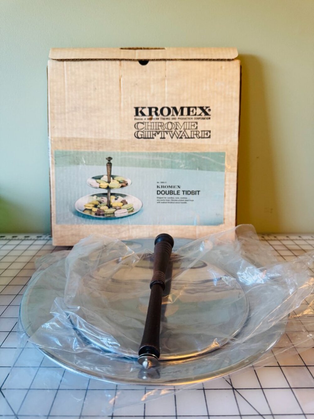 Vintage Kromex 2 Tier Tidbit Tray NIB Chrome Steel Walnut Handle MCM